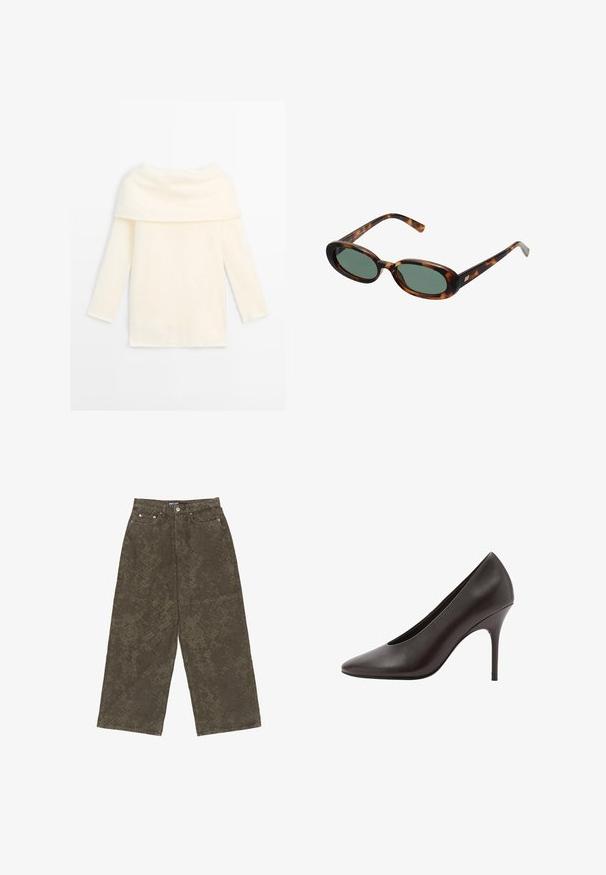 Maglione a maniche lunghe color bianco sporco con collo alto a grande risvolto, texture morbida e orlo dritto, posato su uno sfondo bianco.; Pantaloni a gamba larga verde oliva in denim, caratterizzati da un motivo testurizzato, design a cinque tasche e un bottone di chiusura davanti.; Pump nera in pelle con punta appuntita e tacco stiletto sottile, con finitura liscia, mostrata di lato.; Occhiali da sole tartarugati con montatura ovale e lenti verdi. Presentano aste sottili con un accento metallico vicino alle cerniere.