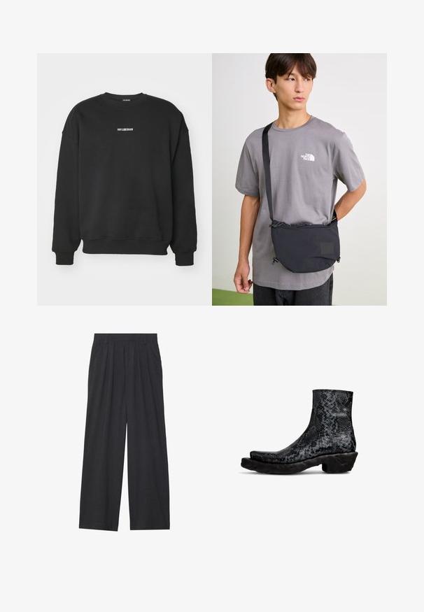Black sweatshirt made of soft fabric, featuring a crew neckline and long sleeves. Small white text logo on the chest. Simple, unadorned design.; Wide-leg trousers made of dark gray fabric. Features pleats at the waist, a tailored design, and a straight silhouette.; Black python-patterned ankle boots with a textured upper and a chunky black rubber sole. Features a rounded toe and low shaft design.; Black nylon crossbody bag with adjustable strap, featuring a drawstring closure and embossed logo detail. Worn over a gray t-shirt.