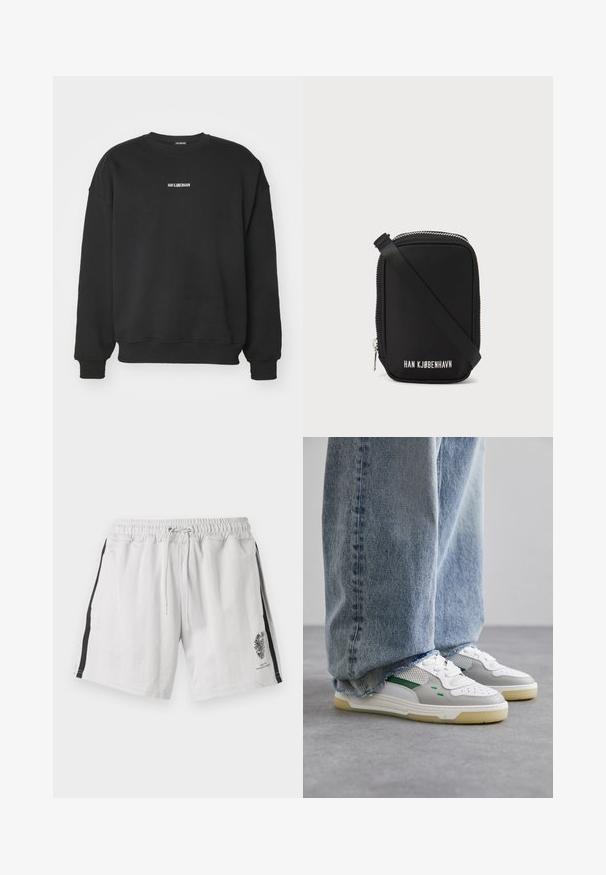 Svart sweatshirt gjord av mjukt tyg, med rundad halsringning och långa ärmar. Litet vitt textlogo på bröstet. Enkel, odekorerad design.; Ljust grå bomullsshorts med ett elastiskt midjeband, dragsko, svarta sidostraper och en grafisk design på nedre vänstra benet.; Vita och grå sneakers med gröna accenter, med en nätöverdela och gummisula, ihopparade med blå denimjeans med fransade kanter.; Svart väska med rektangulär form, tillverkad av slätt material. Har en dragkedja upptill, justerbar rem och vit text: "HAN KJØBENHAVN."