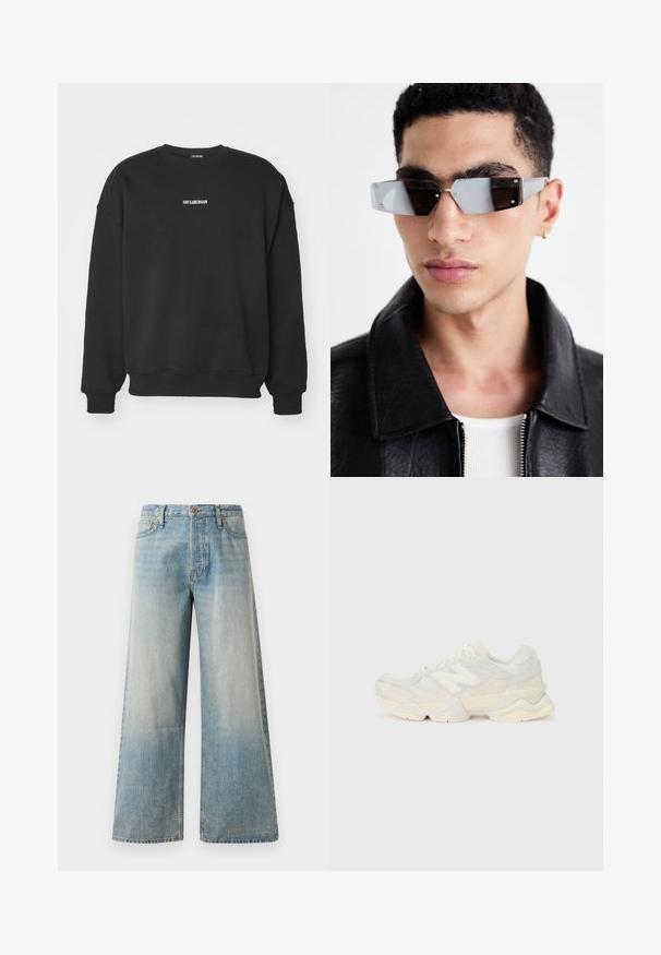 Svart sweatshirt gjord av mjukt tyg, med rundad halsringning och långa ärmar. Litet vitt textlogo på bröstet. Enkel, odekorerad design.; Ljusblå vida jeans i denim. Har hög midja, knappstängning och subtila blekningar med en slät yta och sydda sömmar.; Lättviktig sneaker med en ovandel av mesh och mocka i mjuka krämfärger, med en rejäl sula och tredimensionella detaljer.; Vinklade gråtonade solglasögon med silverdetaljer, på en ljus bakgrund. Linserna har en unik geometrisk form.