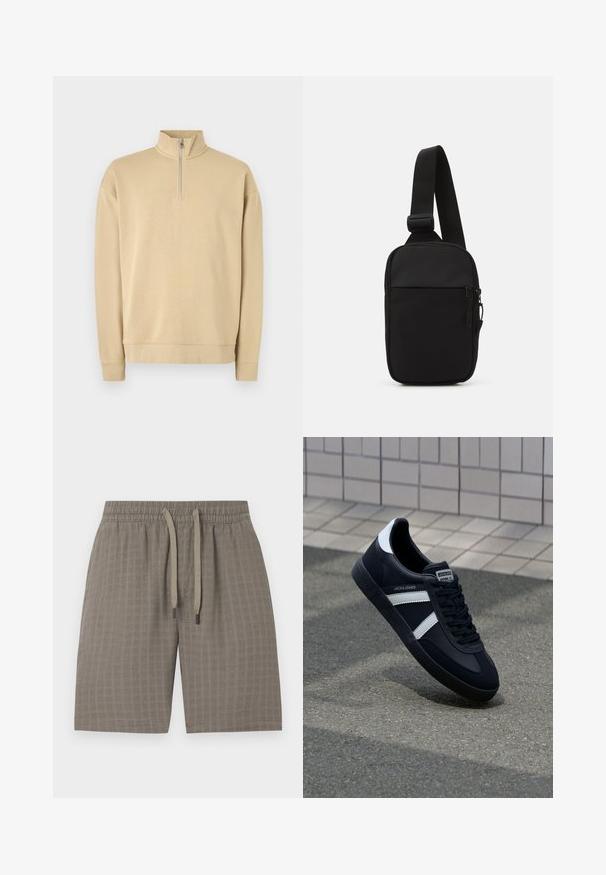 Beige sweatshirts med høj hals og halv lynlås. Har ribbede manchetter og kant, med et diskret logo på brystet. Glat tekstur.; Brune, strukturerede shorts med elastisk talje og justerbar snor; har et blødt, let stof og et ternet mønster.; Sort lædersneaker med hvide striber, tekstureret gummisål og snørrebånd foran. Har et brandet mærke på tungen.; Sort crossbody taske lavet af slidstærkt stof, med en enkelt justerbar rem, en lynlåset hovedrum og en frontlomme.