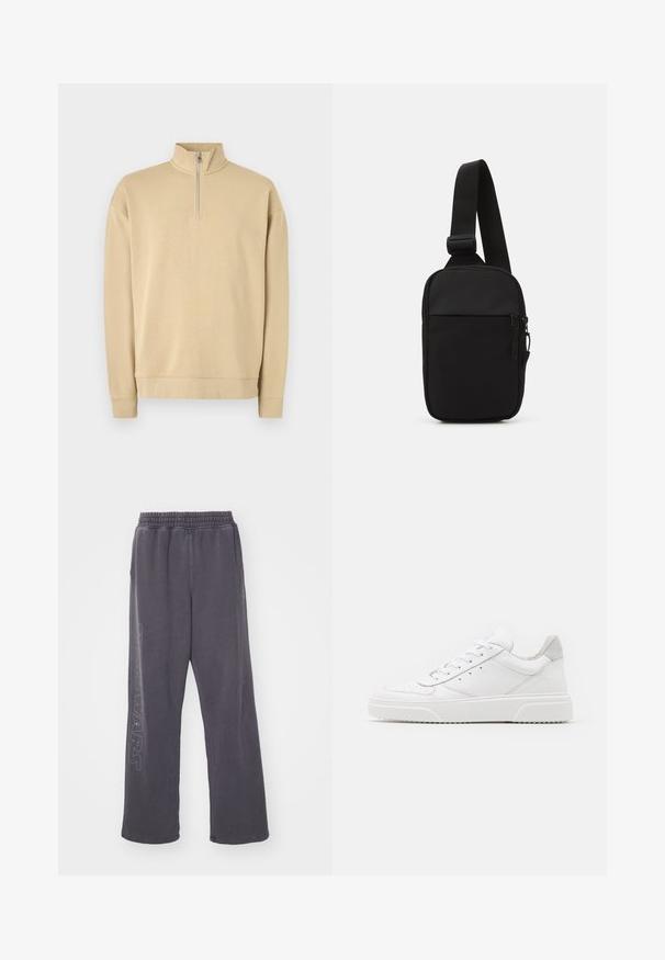 Sudadera beige con cuello alto y cierre de media cremallera. Presenta puños y dobladillo de canalé, con un sutil logo en el pecho. Textura suave.; Pantalones de chándal de algodón gris con un corte holgado, cinturilla elástica y gráfico de "STAR WARS" a lo largo de la pierna izquierda. Presenta una textura suave.; Zapatillas de cuero blanca con un acabado suave, punta redondeada, cordones planos y una suela texturada. Acento de ante gris en el talón.; Bolso cruzado negro fabricado en tejido duradero, con una sola correa ajustable, un compartimento principal con cremallera y un bolsillo delantero.