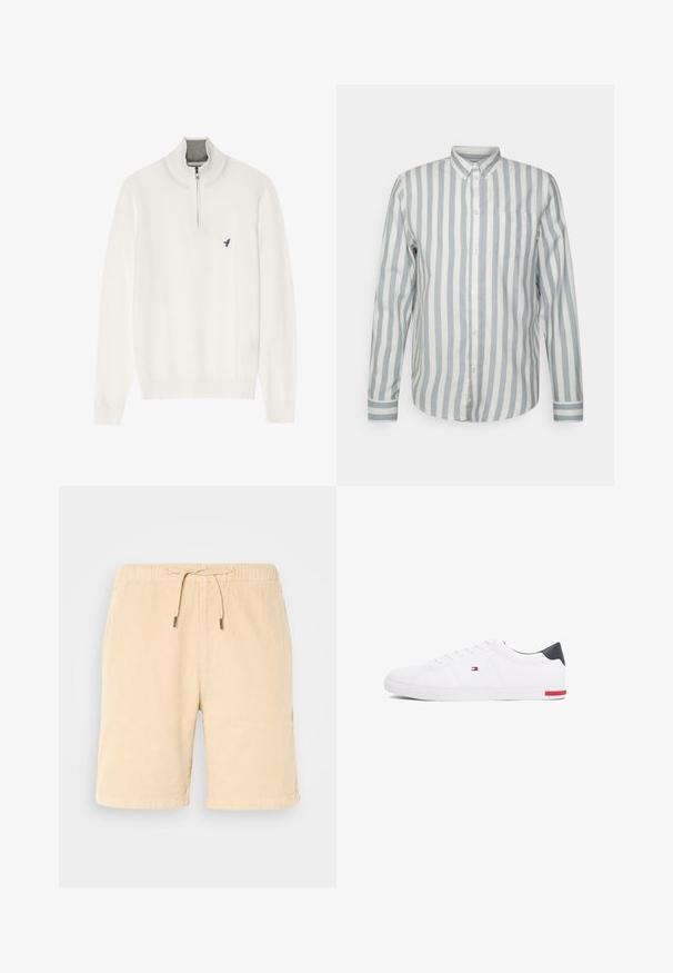 Balts svītrojums ar pelēku rāvējslēdzēja apkakli, ar garām piedurknēm un mazu zilu putnu logo uz krūtīm. Mīksta, gluda tekstūra.; Gaiši zilās un baltajās svītrās pogātā krekls. Izvērstā klasiskā apkakle, garas piedurknes un krūšu kabata. Mīksta auduma, brīvs piegriezums.; Bēša korduroja šorti ar elastīgu jostu un aukliņu. Iekļautas sānu kabatas un taisna piegriezuma. Mīksta tekstūra un gluda apdare.; Baltas zemu topu sporta apavus, kas izgatavoti no gludas ādas. Satura tumši zilu papēža daļu un sarkanu akcentu uz zoles. Seši caurumi šņorēm.