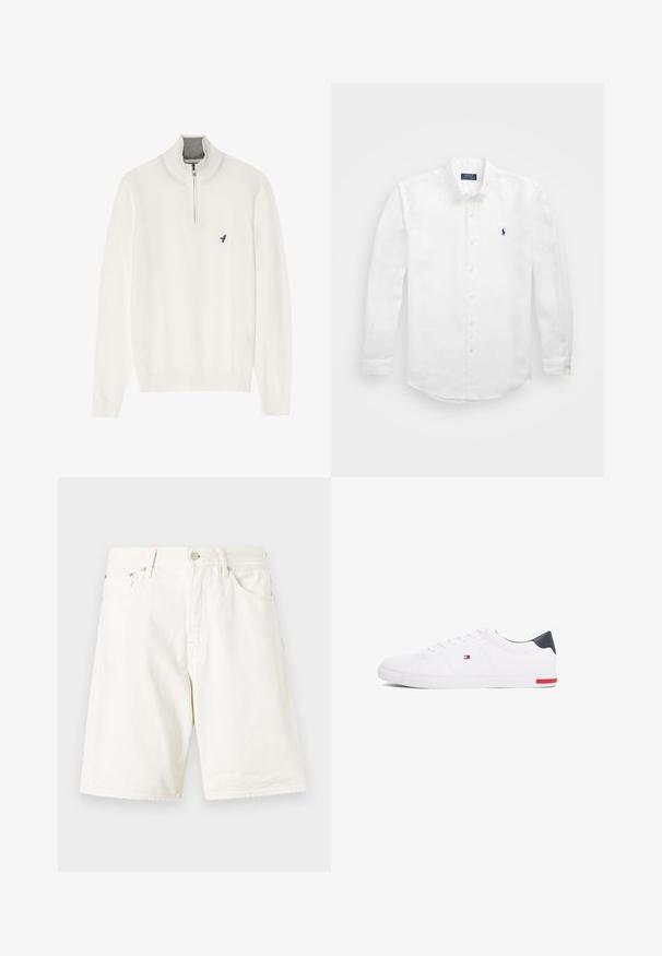 Hvid pullover sweater med en grå lynlåsekrave, der har lange ærmer og et lille blåt fuglelogo på brystet. Blød, glat tekstur.; Hvid langærmet skjorte lavet af bomuld med en knap-ned krave, der har et lille marineblåt logo på venstre bryst og klassisk knaplukning.; Hvide denim shorts med lige snit, som har bæltestropper, lynlåsgylpter og to forlommer. Glat tekstur og enkelt design.; Hvide low-top sneakers lavet af glat læder. Har en marineblå hælkappe og en rød detalje på sålen. Seks snørehuller.