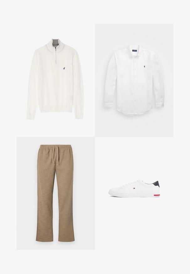 Witte pullover trui met een grijze ritskraag, met lange mouwen en een klein blauw vogel logo op de borst. Zachte, gladde textuur.; Witte lange mouwen shirt van katoen met een button-down kraag, voorzien van een klein marineblauw logo op de linkerborst en klassieke knoopsluiting.; Beige broek met een textuurpatroon, voorzien van een elastische tailleband met trekkoord. Recht model met een licht uitlopende onderkant.; Witte lage sneakers gemaakt van glad leer. Beschikt over een marineblauwe hielkap en een rode accent op de zool. Zes oogjes voor veters.