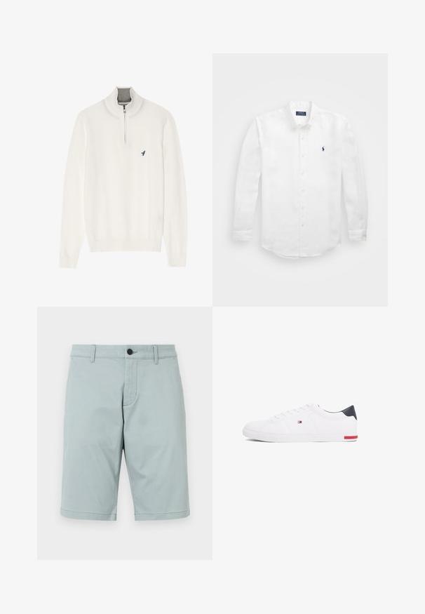 Pull blanc avec un col zippé gris, doté de manches longues et d'un petit logo d'oiseau bleu sur la poitrine. Texture douce et lisse.; Chemise blanche à manches longues en coton avec un col boutonné, affichant un petit logo marine sur la poitrine gauche et un système de fermeture classique par boutons.; Shorts bleu clair en tissu lisse avec un devant plat, deux poches latérales et une fermeture à bouton unique. Design épuré et ajusté.; Baskets basses blanches en cuir lisse. Dotées d'un talon en bleu marine et d'un accent rouge sur la semelle. Six œillets pour les lacets.