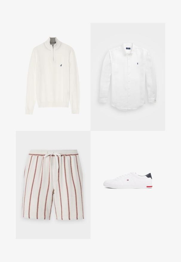 Suéter blanco de cuello con cremallera gris, con mangas largas y un pequeño logo de un pájaro azul en el pecho. Textura suave y lisa.; Camisa blanca de manga larga de algodón con cuello abotonado, que presenta un pequeño logo en azul marino en el lado izquierdo del pecho y un cierre clásico de botones.; Pantalones cortos de algodón con cintura ajustable, fondo crema con rayas verticales en color óxido, tejido texturizado y corte relajado.; Zapatillas bajas blancas de piel suave. Presentan una capucha en el talón de color marino y un acento rojo en la suela. Seis ojales para los cordones.