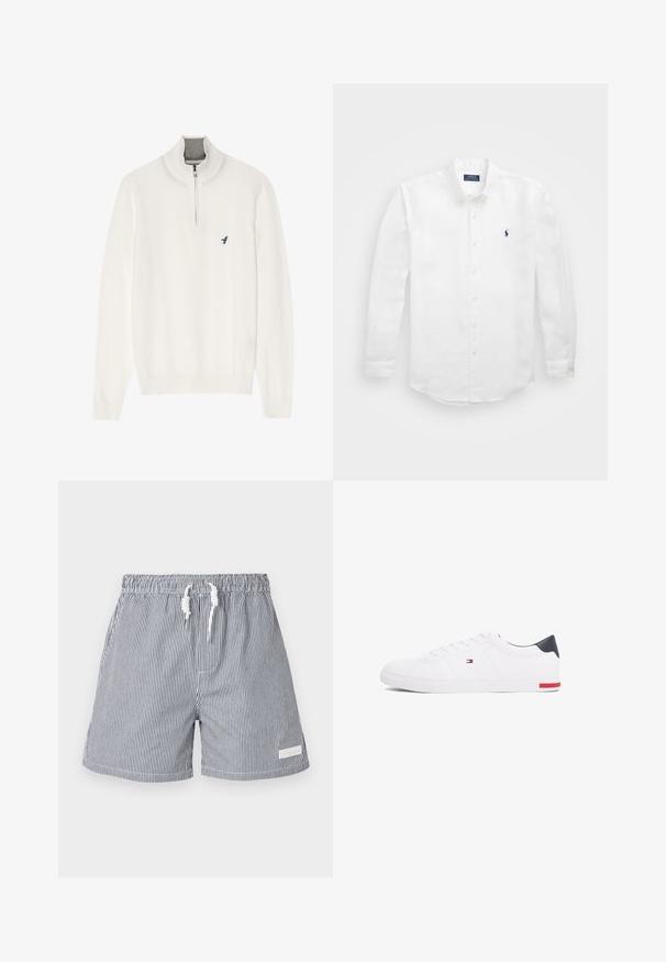 Pull blanc avec un col zippé gris, doté de manches longues et d'un petit logo d'oiseau bleu sur la poitrine. Texture douce et lisse.; Chemise blanche à manches longues en coton avec un col boutonné, affichant un petit logo marine sur la poitrine gauche et un système de fermeture classique par boutons.; Shorts de bain rayés en bleu marine et blanc. Fabriqués en matériau léger avec une taille élastique, un système de fermeture à cordon et des poches latérales.; Baskets basses blanches en cuir lisse. Dotées d'un talon en bleu marine et d'un accent rouge sur la semelle. Six œillets pour les lacets.