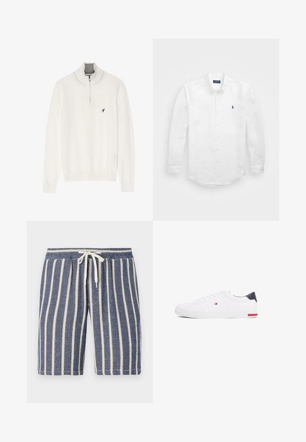 White pullover sweater with a grey zip collar, featuring long sleeves and a small blue bird logo on the chest. Soft, smooth texture.; White long-sleeve shirt made of cotton with a button-down collar, featuring a small navy logo on the left chest and classic button fastening.; Navy blue textured shorts with white vertical stripes, elastic waistband, and a drawstring detail. Casual design suitable for warm weather.; White low-top sneakers made of smooth leather. Features a navy heel cap and a red accent on the sole. Six eyelets for laces.