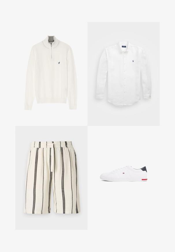 White pullover sweater with a grey zip collar, featuring long sleeves and a small blue bird logo on the chest. Soft, smooth texture.; White long-sleeve shirt made of cotton with a button-down collar, featuring a small navy logo on the left chest and classic button fastening.; Linen shorts featuring a cream base with vertical black stripes, elastic waistband, and drawstring. Relaxed fit design, knee-length.; White low-top sneakers made of smooth leather. Features a navy heel cap and a red accent on the sole. Six eyelets for laces.