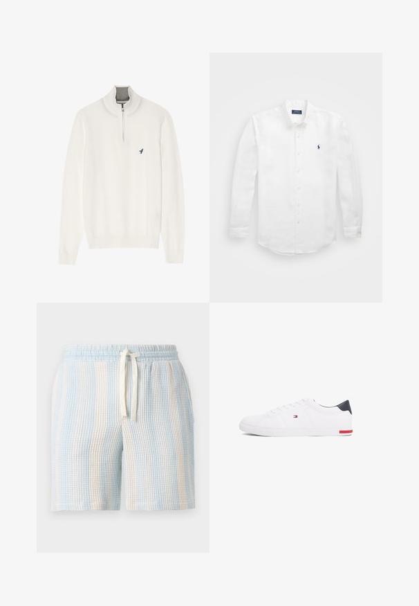 Hvid pullover sweater med en grå lynlåsekrave, der har lange ærmer og et lille blåt fuglelogo på brystet. Blød, glat tekstur.; Hvid langærmet skjorte lavet af bomuld med en knap-ned krave, der har et lille marineblåt logo på venstre bryst og klassisk knaplukning.; Lette, strukturerede shorts med et blåt og hvidt stribet mønster. Har en elastisk talje og en snøre lukning.; Hvide low-top sneakers lavet af glat læder. Har en marineblå hælkappe og en rød detalje på sålen. Seks snørehuller.