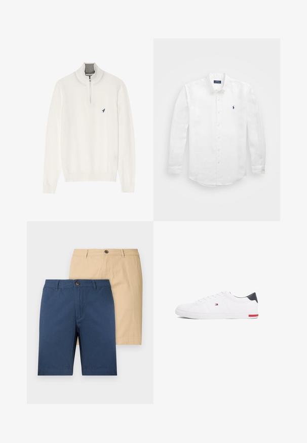 Pull blanc avec un col zippé gris, doté de manches longues et d'un petit logo d'oiseau bleu sur la poitrine. Texture douce et lisse.; Chemise blanche à manches longues en coton avec un col boutonné, affichant un petit logo marine sur la poitrine gauche et un système de fermeture classique par boutons.; Deux paires de shorts : une bleu marine et une beige. Fabriquées en tissu doux, elles présentent des fermetures à bouton et une coupe droite.; Baskets basses blanches en cuir lisse. Dotées d'un talon en bleu marine et d'un accent rouge sur la semelle. Six œillets pour les lacets.