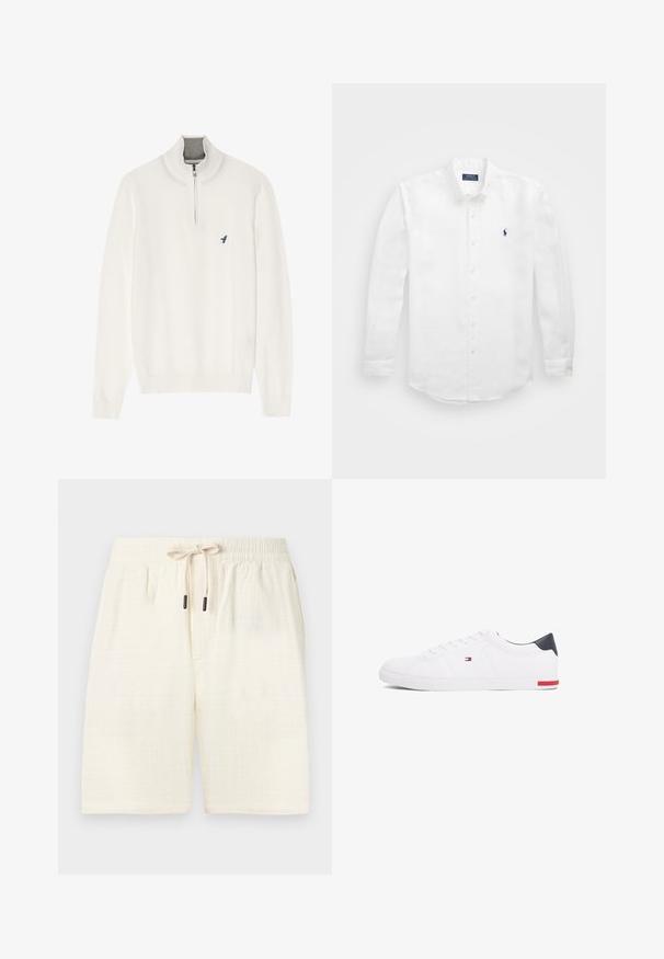 Bijela pulover majica sivi zip ovratnik, s dugim rukavima i malim plavim pticom logotipom na prsima. Mekana, glatka tekstura.; Bijela košulja dugih rukava od pamuka s ovratnikom na gumbe, s malim mornarsko plavim logotipom na lijevom prsnom dijelu i klasičnim kopčanjem na gumbe.; Krem kratke hlače od teksturiranog materijala s kariranim uzorkom. Imaju elastičnu struk i vezicu, te dva bočna džepa.; Bijele niske tenisice od glatke kože. Imaju mornarsko plavi kapica na peti i crvenu akciju na potplatu. Šest rupica za vezivanje.