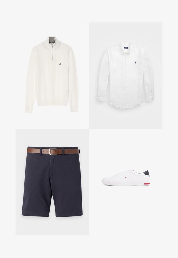 Witte pullover trui met een grijze ritskraag, met lange mouwen en een klein blauw vogel logo op de borst. Zachte, gladde textuur.; Witte lange mouwen shirt van katoen met een button-down kraag, voorzien van een klein marineblauw logo op de linkerborst en klassieke knoopsluiting.; Marineblauwe shorts van katoen met een bruine leren riem. Voorzien van twee zijzakken, een rechte snit en een gladde textuur.; Witte lage sneakers gemaakt van glad leer. Beschikt over een marineblauwe hielkap en een rode accent op de zool. Zes oogjes voor veters.