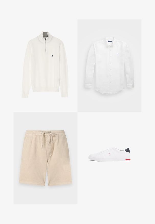 Pull blanc avec un col zippé gris, doté de manches longues et d'un petit logo d'oiseau bleu sur la poitrine. Texture douce et lisse.; Chemise blanche à manches longues en coton avec un col boutonné, affichant un petit logo marine sur la poitrine gauche et un système de fermeture classique par boutons.; Shorts en velours côtelé beige avec une taille élastique, une fermeture à cordon de serrage et des poches latérales ; présentent une texture côtelée verticale.; Baskets basses blanches en cuir lisse. Dotées d'un talon en bleu marine et d'un accent rouge sur la semelle. Six œillets pour les lacets.