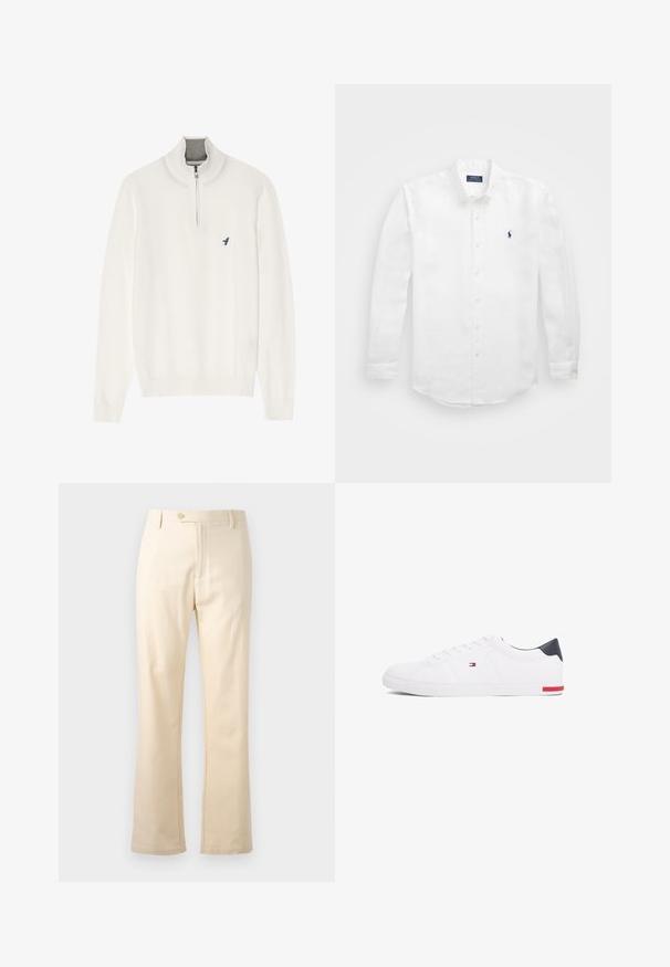 Maglione bianco con colletto grigio a zip, dotato di maniche lunghe e un piccolo logo di un uccellino blu sul petto. Texture morbida e liscia.; Camicia bianca a maniche lunghe in cotone con colletto impunturato, caratterizzata da un piccolo logo blu navy sul lato sinistro del petto e chiusura con bottoni classica.; Pantaloni in cotone beige con vestibilità dritta, chiusura con zip e bottone. Design pulito senza motivi visibili o dettagli metallici.; Sneakers bianchi a punta bassa realizzati in pelle liscia. Presentano una tomaia blu navy sul tallone e un accento rosso sulla suola. Sei occhielli per i lacci.