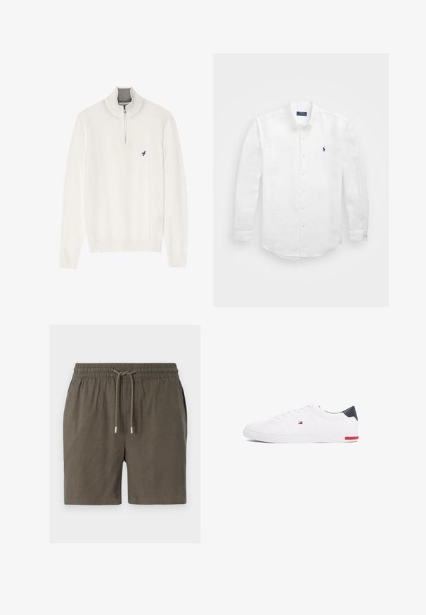 Pull blanc avec un col zippé gris, doté de manches longues et d'un petit logo d'oiseau bleu sur la poitrine. Texture douce et lisse.; Chemise blanche à manches longues en coton avec un col boutonné, affichant un petit logo marine sur la poitrine gauche et un système de fermeture classique par boutons.; Shorts vert foncé avec une taille élastique, fermeture à cordon de serrage et une texture lisse et légère. Pas de poches visibles ni de motifs.; Baskets basses blanches en cuir lisse. Dotées d'un talon en bleu marine et d'un accent rouge sur la semelle. Six œillets pour les lacets.