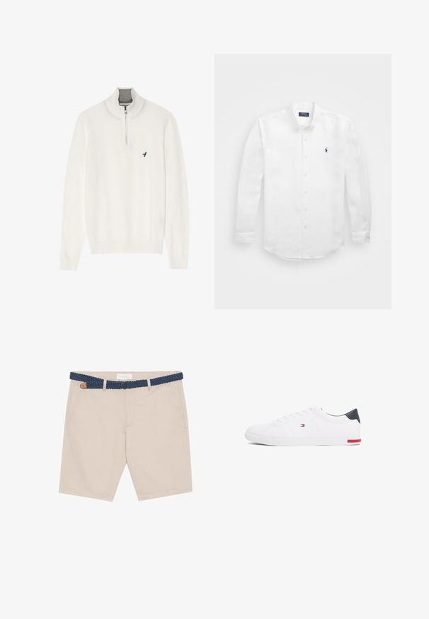 Witte pullover trui met een grijze ritskraag, met lange mouwen en een klein blauw vogel logo op de borst. Zachte, gladde textuur.; Witte lange mouwen shirt van katoen met een button-down kraag, voorzien van een klein marineblauw logo op de linkerborst en klassieke knoopsluiting.; Beige shorts met een geweven blauwe riem. Voorzien van voortassen, een bruin leren accent en een casual ontwerp dat geschikt is voor warm weer.; Witte lage sneakers gemaakt van glad leer. Beschikt over een marineblauwe hielkap en een rode accent op de zool. Zes oogjes voor veters.
