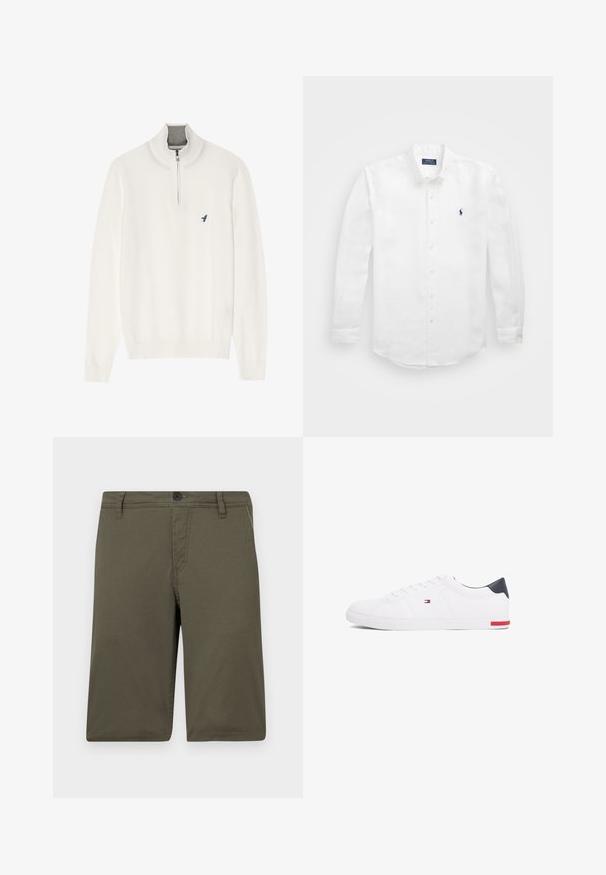 Bijela pulover majica sivi zip ovratnik, s dugim rukavima i malim plavim pticom logotipom na prsima. Mekana, glatka tekstura.; Bijela košulja dugih rukava od pamuka s ovratnikom na gumbe, s malim mornarsko plavim logotipom na lijevom prsnom dijelu i klasičnim kopčanjem na gumbe.; Kaki kratke hlače izrađene od čvrstog materijala, s ravnim prednjim dijelom, petljama za remen i zatvaranjem na gumba; imaju dva bočna džepa i uredne šavove.; Bijele niske tenisice od glatke kože. Imaju mornarsko plavi kapica na peti i crvenu akciju na potplatu. Šest rupica za vezivanje.