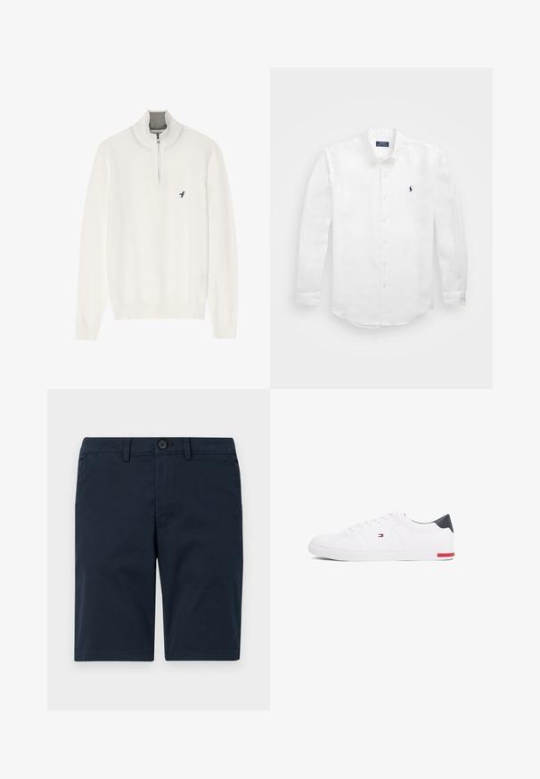 Biely sveter s šedým zipsom na golieri, s dlhými rukávmi a malým modrým logom vtáka na hrudi. Mäkka, hladká textúra.; Biela košeľa s dlhým rukávom vyrobená z bavlny, so golierom na gombíky, s malým námorníckym logom na ľavej hrudi a klasickým zapínaním na gombíky.; Tmavomodré šortky vyrobené z bavlnenej zmesi, s gombíkovým zapínaním, poutkami na opasok a rovno strihaným lemom s minimálnym detailom.; Biele nízkoprevádzkové tenisky vyrobené z hladkej kože. Majú námornícke zadočnú časť a červený akcent na podrážke. Šesť dierok na šnúrky.