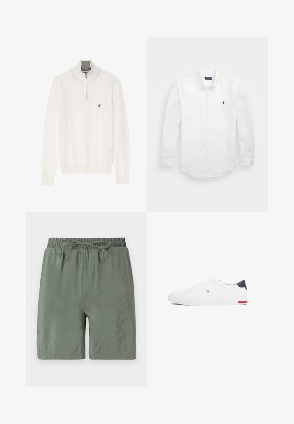 Bela pulover jopica z sivo zadrgo na ovratniku, dolgimi rokavi in majhnim modrim ptičem logotipom na prsih. Mehak, gladek material.; Bela srajca z dolgimi rokavi iz bombaža z ovratnikom na gumb, ki ima majhen mornarsko moder logotip na levi prsni strani in klasično zapiranje na gumbe.; Zelene kopalne hlače z elastičnim pasom in vrvico, lahka tkanina in gladka tekstura. Kratka dolžina z stranskimi žepi.; Beli nizki športni čevlji iz gladkega usnja. Imajo mornarsko modro zaščito na peti in rdeč poudarek na podplatu. Šest lukenj za vezalke.