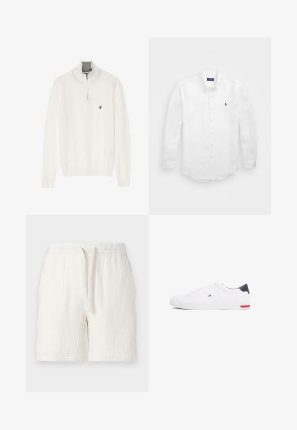 Weißer Pullover mit grauem Reißverschlusskragen, langen Ärmeln und einem kleinen blauen Vogel-Logo auf der Brust. Weiche, glatte Textur.; Weißes Langarmhemd aus Baumwolle mit einem Button-Down-Kragen, versehen mit einem kleinen marineblauen Logo auf der linken Brust und klassischem Knopfverschluss.; Leichte, weiße Baumwollshorts mit elastischem Bund und Kordelzug, die eine zerknitterte Textur und eine lockere Passform aufweisen.; Weißes Low-Top-Sneaker aus glattem Leder. Mit einem marineblauen Fersenstück und einem roten Akzent an der Sohle. Sechs Ösen für die Schnürsenkel.
