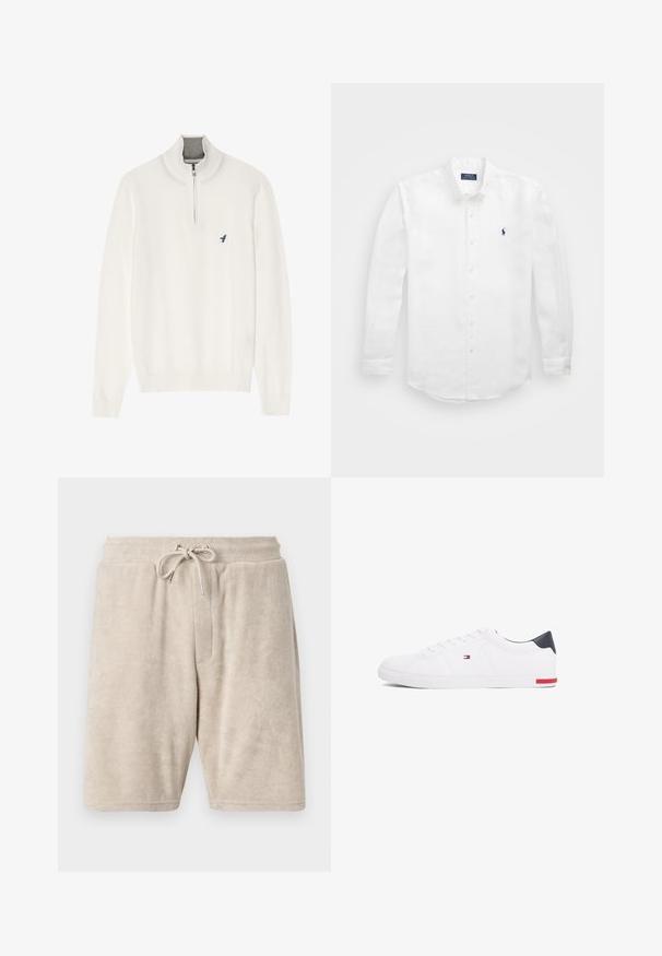 Hvid pullover sweater med en grå lynlåsekrave, der har lange ærmer og et lille blåt fuglelogo på brystet. Blød, glat tekstur.; Hvid langærmet skjorte lavet af bomuld med en knap-ned krave, der har et lille marineblåt logo på venstre bryst og klassisk knaplukning.; Beige frotté shorts med elastisk talje og justerbar snor. Har en enkelt forlommes og knælangt design.; Hvide low-top sneakers lavet af glat læder. Har en marineblå hælkappe og en rød detalje på sålen. Seks snørehuller.