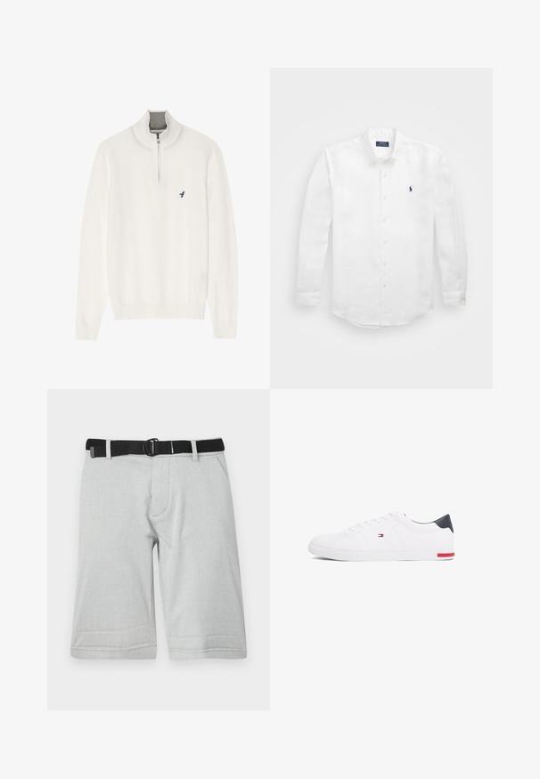 Pull blanc avec un col zippé gris, doté de manches longues et d'un petit logo d'oiseau bleu sur la poitrine. Texture douce et lisse.; Chemise blanche à manches longues en coton avec un col boutonné, affichant un petit logo marine sur la poitrine gauche et un système de fermeture classique par boutons.; Shorts gris clair en tissu texturé, dotés d'une ceinture noire ajustable et de deux poches latérales, avec un ourlet au niveau du genou et une coupe droite.; Baskets basses blanches en cuir lisse. Dotées d'un talon en bleu marine et d'un accent rouge sur la semelle. Six œillets pour les lacets.