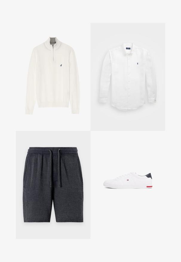 Hvit genser med grå glidelås i kragen, med lange ermer og en liten blå fuglelogo på brystet. Myk, glatt tekstur.; Hvit langermet skjorte laget av bomull med krage som kan kneppes, som har en liten marineblå logo på venstre bryst og klassisk knappefeste.; Mørkegrå shorts laget av teksturert stoff, med en elastisk midje med snøring og sidelommer.; Hvite lave sneakers laget av glatt lær. Har en marineblå hælhette og en rød detalj på sålen. Seks hull til lisser.