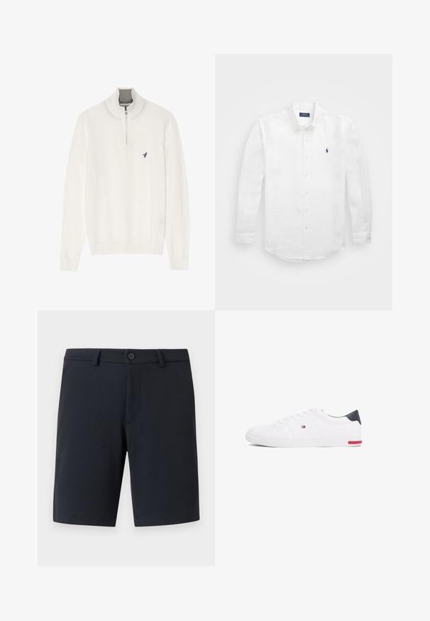 Fehér pulóver, szürke cipzáras gallérral, hosszú ujjakkal és egy kis kék madár logóval a mellkasán. Puha, sima textúra.; Fehér, hosszú ujjú pamut ing, gombos gallérral, bal mellen egy kis tengerészkék logóval és klasszikus gombos záródással.; Sötétkék nadrág rövidnadrág sima anyagból, elülső gombos zárással, övhurkokkal és diszkrét zsebekkel. Síma szegély kialakítás.; Fehér alacsony szárú sneaker sima bőrből. Tengerészkék sarokvédővel és piros díszítéssel a talpon. Hat fűzőlyuk a fűzők számára.