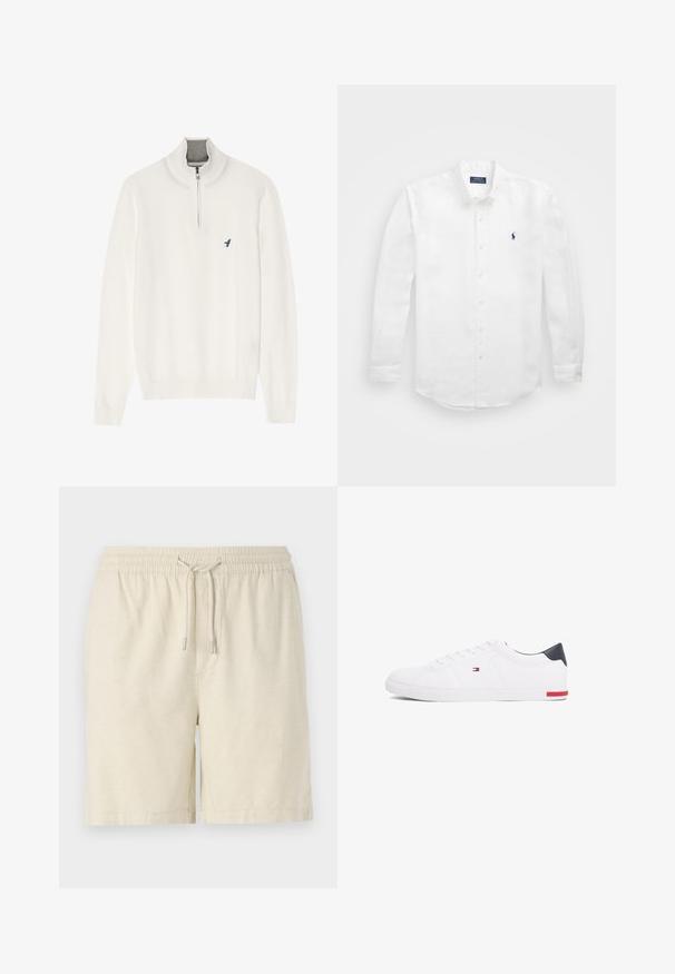 Pull blanc avec un col zippé gris, doté de manches longues et d'un petit logo d'oiseau bleu sur la poitrine. Texture douce et lisse.; Chemise blanche à manches longues en coton avec un col boutonné, affichant un petit logo marine sur la poitrine gauche et un système de fermeture classique par boutons.; Shorts beige clair en tissu texturé. Dotés d'une taille élastique avec cordon de serrage et de poches latérales. Coupe classique et design décontracté.; Baskets basses blanches en cuir lisse. Dotées d'un talon en bleu marine et d'un accent rouge sur la semelle. Six œillets pour les lacets.