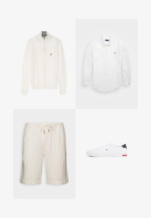 Maglione bianco con colletto grigio a zip, dotato di maniche lunghe e un piccolo logo di un uccellino blu sul petto. Texture morbida e liscia.; Camicia bianca a maniche lunghe in cotone con colletto impunturato, caratterizzata da un piccolo logo blu navy sul lato sinistro del petto e chiusura con bottoni classica.; Pantaloni corti in misto lino color beige chiaro con sottili strisce verticali marroni. Presentano una vita elasticizzata con cordoncino e orli arrotolati.; Sneakers bianchi a punta bassa realizzati in pelle liscia. Presentano una tomaia blu navy sul tallone e un accento rosso sulla suola. Sei occhielli per i lacci.