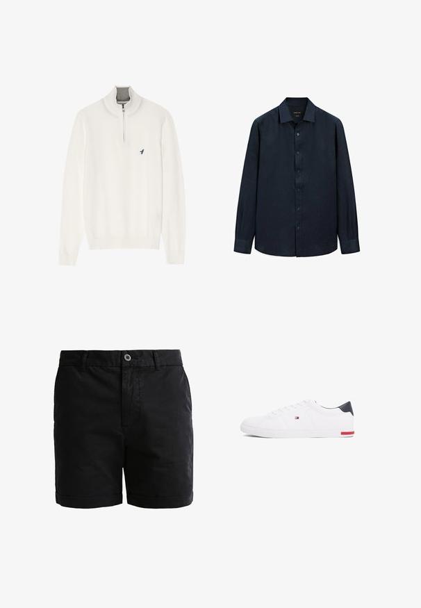 Maglione bianco con colletto grigio a zip, dotato di maniche lunghe e un piccolo logo di un uccellino blu sul petto. Texture morbida e liscia.; Camicia a maniche lunghe avanguardistica di colore blu navy realizzata in lino, con colletto a punta, pattina frontale e polsini. Presenta una texture sottile e un design leggero.; Pantaloni corti neri in cotone con una finitura liscia, chiusura con bottone e orli arrotolati. Presentano passanti per cintura e tasche frontali per praticità.; Sneakers bianchi a punta bassa realizzati in pelle liscia. Presentano una tomaia blu navy sul tallone e un accento rosso sulla suola. Sei occhielli per i lacci.