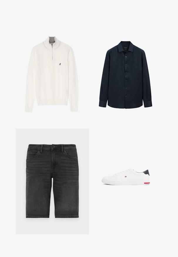 White pullover sweater with a grey zip collar, featuring long sleeves and a small blue bird logo on the chest. Soft, smooth texture.; Navy long-sleeve shirt made of linen with a button-down collar, front placket, and cuffs. Features subtle texture and lightweight design.; Black denim shorts with a straight cut, five pockets, and a button closure. Features slight fading and a sturdy fabric texture.; White low-top sneakers made of smooth leather. Features a navy heel cap and a red accent on the sole. Six eyelets for laces.