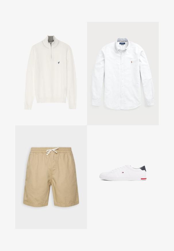 Bílý svetr s šedým zipem na límci, s dlouhými rukávy a malým modrým logem ptáčka na hrudi. Měkká, hladká textura.; Bílá košile s dlouhým rukávem a knoflíkovým zapínáním vyrobená z bavlny. Má rozšířený límeček, knoflíkové zapínání a malou vyšitou nášivku na hrudi.; Krémové bavlněné šortky s elastickým pasem, stahovací šňůrkou a dvěma bočními kapsami. Hladká textura, délka ke kolenům.; Bílé nízké tenisky vyrobené z hladké kůže. Mají tmavě modrý opatek a červený akcent na podrážce. Šest ok pro tkaničky.