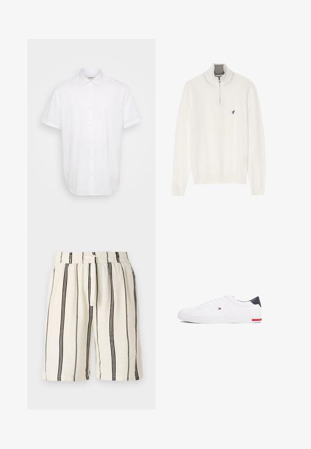 Hvid pullover sweater med en grå lynlåsekrave, der har lange ærmer og et lille blåt fuglelogo på brystet. Blød, glat tekstur.; Hvid kortærmet skjorte med knaplukning lavet af letvægtigt stof. Har en klassisk krave, lige kant og en subtil tekstur.; Linnediture med en cremefarvet bund og lodrette sorte striber, elastisk talje og snoretræk. Afslappet pasform, knælang.; Hvide low-top sneakers lavet af glat læder. Har en marineblå hælkappe og en rød detalje på sålen. Seks snørehuller.