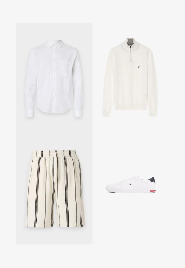 Valkoinen villapusero harmaalla vetoketjukauluksella, jossa on pitkät hihat ja pieni sininen linnunlogo rinnassa. Pehmeä, sileä rakenne.; Valkoinen pellavainen pitkähihainen paita, jossa on napitettava kaulus, etutasku ja helmiäispainikkeet. Paitaa koristaa kaareva helma ja teksturoitu kangas.; Lakanhousut, joissa on vaaleankerman värinen pohja ja pystysuorat mustat raidat, joustava vyötärö ja nauha. Rentomallinen muotoilu, polvimittaiset.; Valkoiset matalat tennarit, joissa on sileä nahka. Ominaisuuksiin kuuluu laivastonsininen kantapää ja punainen yksityiskohta pohjassa. Kuusi reikää nauhoille.