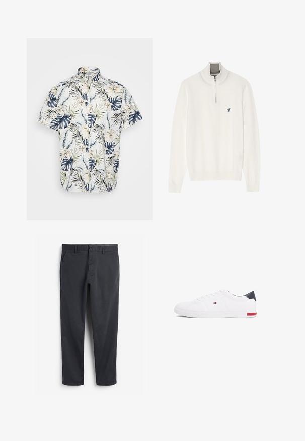 Biały sweter z długim rękawem, z szarym zamkiem przy kołnierzu, z małym logo niebieskiego ptaka na klatce piersiowej. Miękka, gładka tekstura.; Koszula z krótkim rękawem z tropikalnym wzorem w kwiaty i liście w kolorach granatowym, zielonym i kremowym na jasnym tle; zapinana na guziki.; Ciemnoszare chinosy o prostym przodzie, z bocznymi kieszeniami i zapięciem na guzik. Gładki bawełniany materiał, zwężające się nogawki i minimalistyczny styl.; Białe niskie tenisówki wykonane z gładkiej skóry. Posiadają granatowy zapiętek i czerwony akcent na podeszwie. Sześć oczek na sznurowadła.