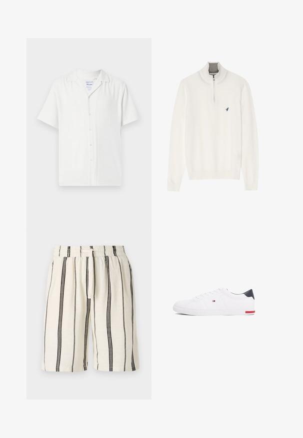 White pullover sweater with a grey zip collar, featuring long sleeves and a small blue bird logo on the chest. Soft, smooth texture.; Short-sleeve white shirt with a button-down front, made of textured fabric, featuring a collared neck and a relaxed fit.; Linen shorts featuring a cream base with vertical black stripes, elastic waistband, and drawstring. Relaxed fit design, knee-length.; White low-top sneakers made of smooth leather. Features a navy heel cap and a red accent on the sole. Six eyelets for laces.