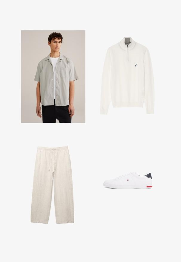 Fehér pulóver, szürke cipzáras gallérral, hosszú ujjakkal és egy kis kék madár logóval a mellkasán. Puha, sima textúra.; Világosszürke, rövid ujjú ing sima anyagból, gombos elülső résszel, hegyes gallérral és zsebbel a mellrészen. Fehér póló felett viselve.; Világos bézs színű vászonnadrág, rugalmas derékkal, húzózsinórral, széles lábszárral és oldalsó zsebekkel. Simás textúra.; Fehér alacsony szárú sneaker sima bőrből. Tengerészkék sarokvédővel és piros díszítéssel a talpon. Hat fűzőlyuk a fűzők számára.