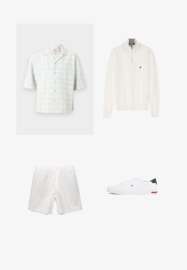 Maglione bianco con colletto grigio a zip, dotato di maniche lunghe e un piccolo logo di un uccellino blu sul petto. Texture morbida e liscia.; Camicia a maniche corte con un motivo a scacchi blu chiaro e bianco, realizzata in tessuto testurizzato, con bottoni blu e colletto.; Shorts bianchi in cotone con vita elasticizzata e cordino, tasche laterali e taglio dritto con orli rifiniti.; Sneakers bianchi a punta bassa realizzati in pelle liscia. Presentano una tomaia blu navy sul tallone e un accento rosso sulla suola. Sei occhielli per i lacci.