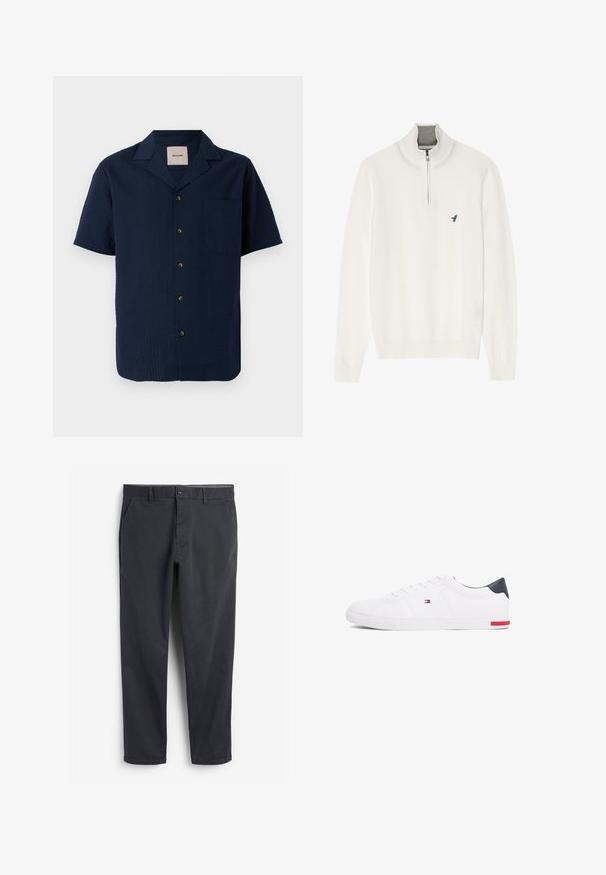 Valge kootud sviiter halli tõmbluku kaelusega, pikkade varrukatega ja väikese sinise linnu logoga rinnal. Pehme ja sile tekstuur.; Tumesinine lühikeste varrukatega särk tekstuuriga mustriga, nööpkinnitus ja üks rinna-tasku. Materjal tundub kerge ja hingav.; Tumedashallased chinos, millel on sirge esiosaga, küljetaskud ja nööp sulgemine. Sile puuvillane kangas, kitsenev jalaosa disain ja minimalistik stiil.; Valged madalad tennisetossud, mis on valmistatud siledast nahast. Contains sinine kannaosa ja punase aktsendi kummipohjal. Kuus silmust paelte jaoks.