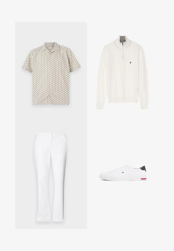 Pulover alb cu guler crem cu fermoar, cu mâneci lungi și un mic logo cu o pasăre albastră pe piept. Textură moale și netedă.; Cămașă cu mâneca scurtă, butonată, de culoare crem, cu un model geometric de triunghiuri în nuanțe de verde muted. Prezintă un guler și o textură ușoară a materialului.; Pantaloni albi din bumbac cu un design drept, buzunare frontale, închidere cu un singur buton și o textură netedă.; Adidași albi cu vârf jos, din piele netedă. Prezintă un toc albastru marine și un accent roșu pe talpă. Șase gauri pentru șireturi.