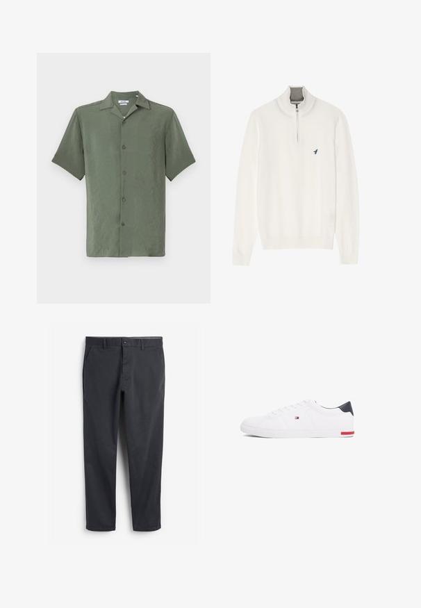 Weißer Pullover mit grauem Reißverschlusskragen, langen Ärmeln und einem kleinen blauen Vogel-Logo auf der Brust. Weiche, glatte Textur.; Kurzärmliges Hemd mit Knopfleiste aus einem strukturierten, olivgrünen Stoff, das über einen klassischen Kragen und fünf vordere Knöpfe verfügt.; Dunkelgraue Chinos mit flachem Bund, Seitentaschen und Knopfverschluss. Glattes Baumwollgewebe, taillierter Beinschnitt und minimalistischer Stil.; Weißes Low-Top-Sneaker aus glattem Leder. Mit einem marineblauen Fersenstück und einem roten Akzent an der Sohle. Sechs Ösen für die Schnürsenkel.