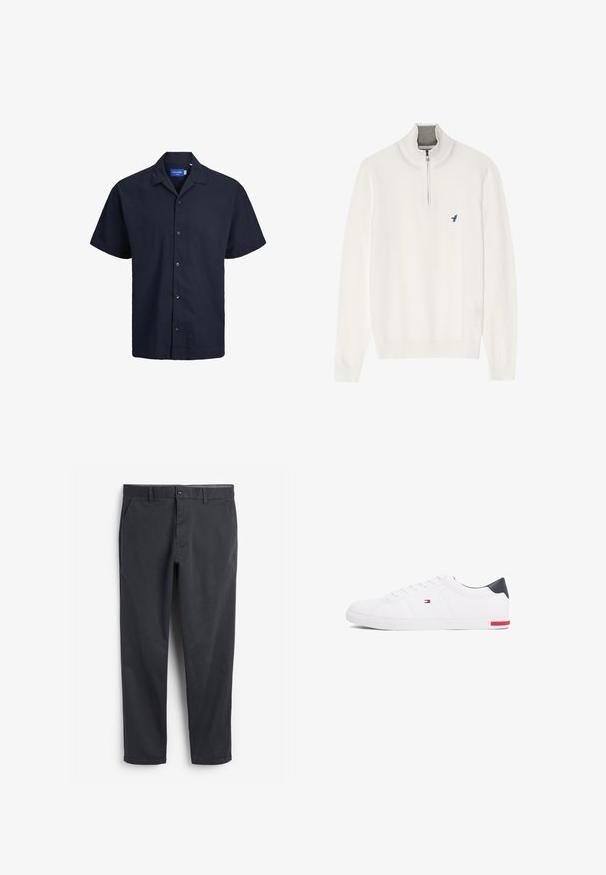 Maglione bianco con colletto grigio a zip, dotato di maniche lunghe e un piccolo logo di un uccellino blu sul petto. Texture morbida e liscia.; Jack & Jones Camicia - sky captain; Chinos grigio scuro con fronte piatto, tasche laterali e chiusura con bottone. Tessuto di cotone liscio, design con gamba affusolata e stile minimalista.; Sneakers bianchi a punta bassa realizzati in pelle liscia. Presentano una tomaia blu navy sul tallone e un accento rosso sulla suola. Sei occhielli per i lacci.