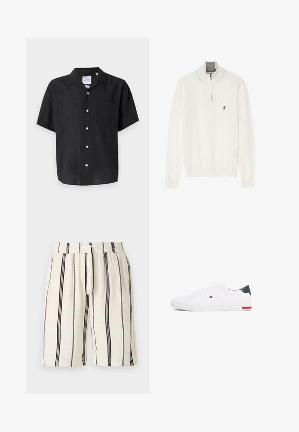 Hvit genser med grå glidelås i kragen, med lange ermer og en liten blå fuglelogo på brystet. Myk, glatt tekstur.; Svart kortermet skjorte med knapper laget av lin. Har en lomme på venstre bryst og hvite knapper som står i kontrast til stoffets tekstur.; Linenshorts med en kremfarget base og vertikale svarte striper, elastisk midjebånd og snøring. Løs passform, kne-lengde.; Hvite lave sneakers laget av glatt lær. Har en marineblå hælhette og en rød detalj på sålen. Seks hull til lisser.