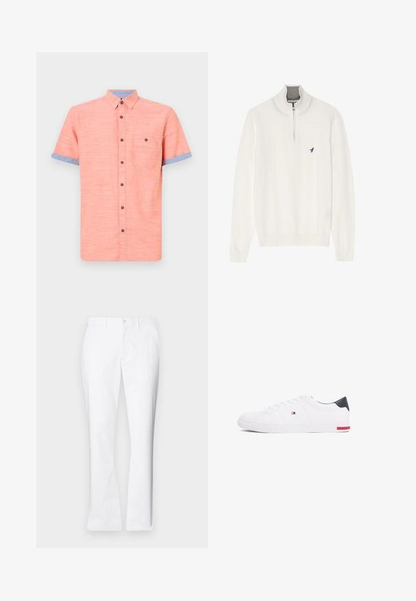 Fehér pulóver, szürke cipzáras gallérral, hosszú ujjakkal és egy kis kék madár logóval a mellkasán. Puha, sima textúra.; Rövid ujjú gombos ing korallos színben, kék gallérral és mandzsetta kiemelésekkel, egy felső zsebbe és barna gombokkal. Texturált anyag.; Fehér pamut nadrág egyenes szabású, elülső zsebekkel, egy gombos záródással és sima textúrával.; Fehér alacsony szárú sneaker sima bőrből. Tengerészkék sarokvédővel és piros díszítéssel a talpon. Hat fűzőlyuk a fűzők számára.