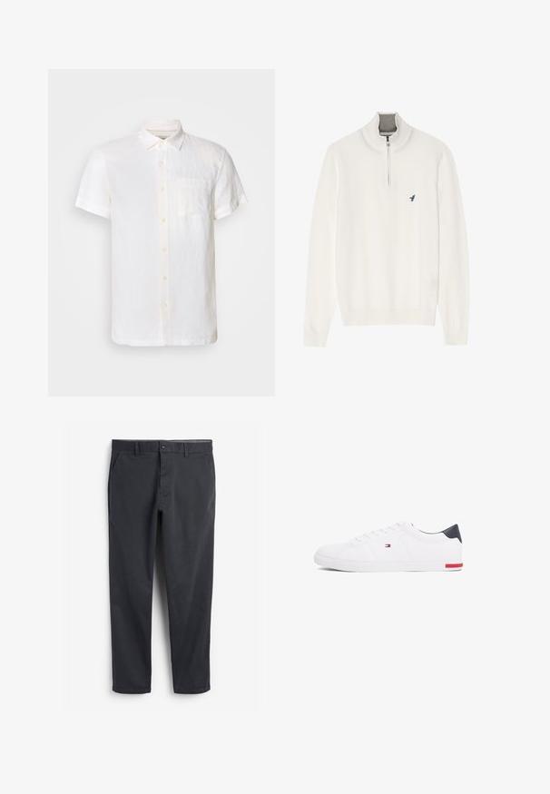 Witte pullover trui met een grijze ritskraag, met lange mouwen en een klein blauw vogel logo op de borst. Zachte, gladde textuur.; Scotch & Soda CORE SHIRT - Overhemd - off white; Donkergrijze chino's met een platte voorkant, zijzakken en een knoopsluiting. Glad katoenmateriaal, tapering ontwerp en minimalistische stijl.; Witte lage sneakers gemaakt van glad leer. Beschikt over een marineblauwe hielkap en een rode accent op de zool. Zes oogjes voor veters.