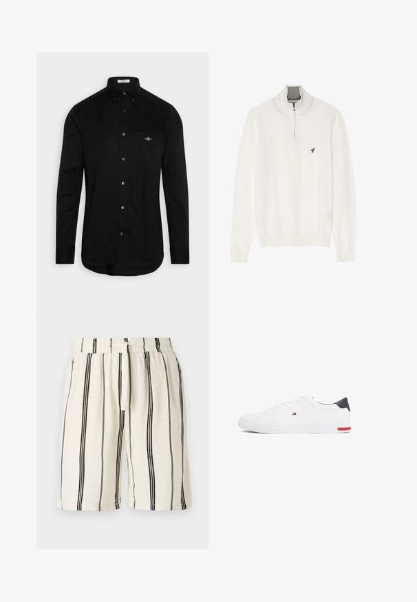 Weißer Pullover mit grauem Reißverschlusskragen, langen Ärmeln und einem kleinen blauen Vogel-Logo auf der Brust. Weiche, glatte Textur.; Schwarzes Hemd mit Knopfverschluss, aus Baumwolle gefertigt, mit spitzem Kragen, langen Ärmel und einer Brusttasche mit einem kleinen, farbigen Logo gestickt.; Leinen-Shorts mit cremefarbener Basis und vertikalen schwarzen Streifen, elastischem Bund und Kordelzug. Entspannter Schnitt, knielang.; Weißes Low-Top-Sneaker aus glattem Leder. Mit einem marineblauen Fersenstück und einem roten Akzent an der Sohle. Sechs Ösen für die Schnürsenkel.