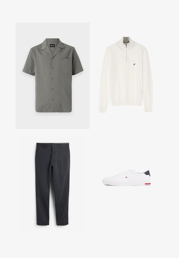 Weißer Pullover mit grauem Reißverschlusskragen, langen Ärmeln und einem kleinen blauen Vogel-Logo auf der Brust. Weiche, glatte Textur.; Kurzärmeliges, graues Hemd aus strukturiertem Stoff, mit spitzem Kragen, Brusttasche und dunklen Knöpfen auf der Vorderseite.; Dunkelgraue Chinos mit flachem Bund, Seitentaschen und Knopfverschluss. Glattes Baumwollgewebe, taillierter Beinschnitt und minimalistischer Stil.; Weißes Low-Top-Sneaker aus glattem Leder. Mit einem marineblauen Fersenstück und einem roten Akzent an der Sohle. Sechs Ösen für die Schnürsenkel.